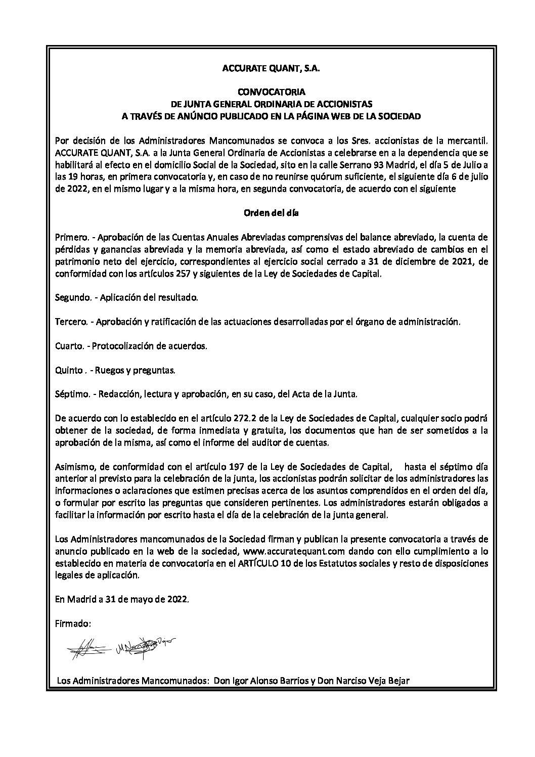Convocatoria de Junta ordinaria ACCURATE QUANT aprobación ejercicio 2021