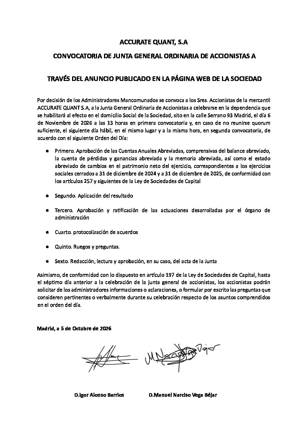 CONVOCATORIA-JUNTA-GENERAL-ORDINARIA-ACCURATE-QUANT-6 de Noviembre de 2026
